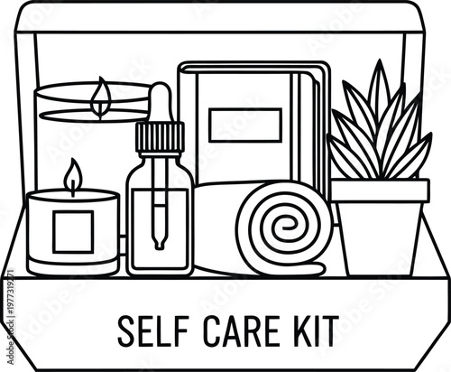Illustrated self care kit with various items for relaxation and wellness