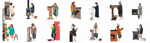 Flat Vector Illustration Set of Women Reading Books and Relaxing by Various Cozy Fireplaces in Warm Winter Clothes