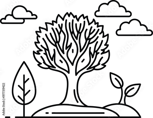 Illustration of a tree with leaves and clouds in a minimalist style