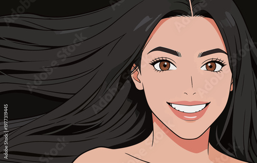 Smiling Woman with Long Black Hair Illustration