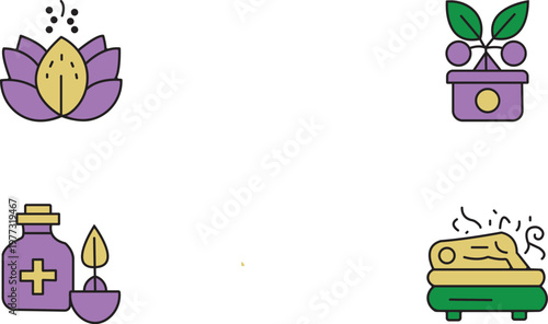 Spa and Aromatherapy Icon Set with Lotus Flower, Essential Oils and Massage Therapy