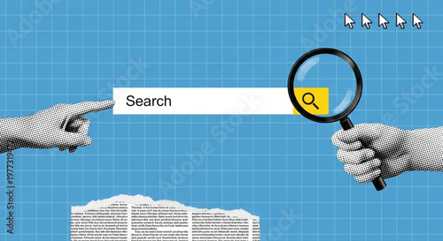 A magnifying glass searches a browser bar with a finger pointing towards the search function, symbolizing online research and discovery