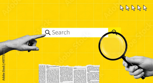 Conceptual visual representing hands interacting with search elements for efficient data retrieval and information access