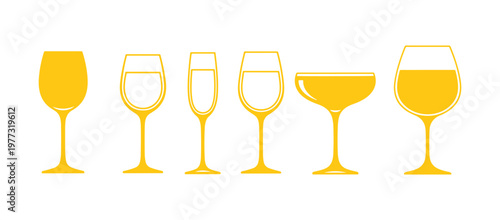 Set of wine glass icons in a single color, featuring different wine glass styles in vector format.