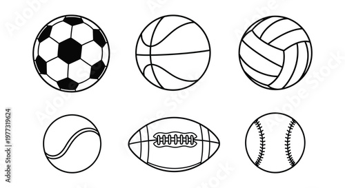 Collection of detailed black and white sports ball vector illustrations for various athletic game design projects