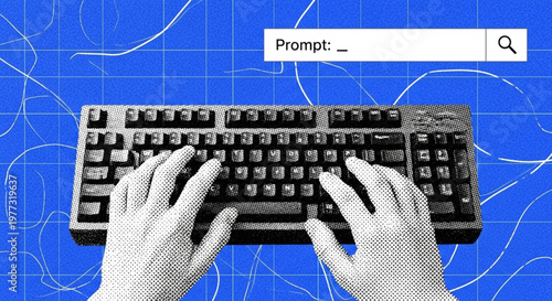 Hands typing on a computer keyboard, with a search bar prompting for input