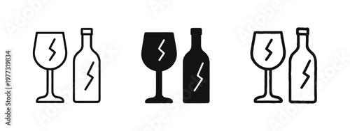 Broken Glass and Bottle Icons for Glass Recycling and Fragile Symbol