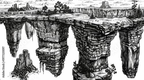 Monochrome sketch of rocky cliffs and plateaus with scattered foliage and distant mountains