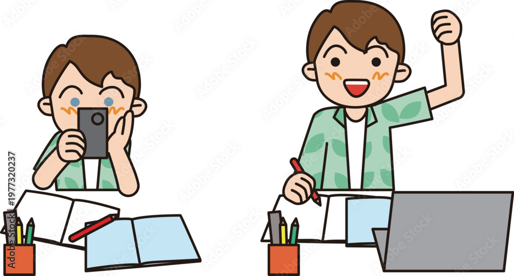Fototapeta premium An illustration of a young boy studying at home, showing both apathy and motivation.