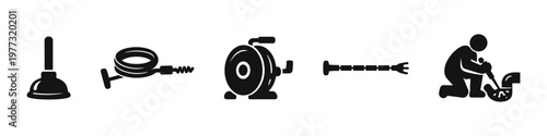 Drain cleaning plumbing solid black icon set vector illustration