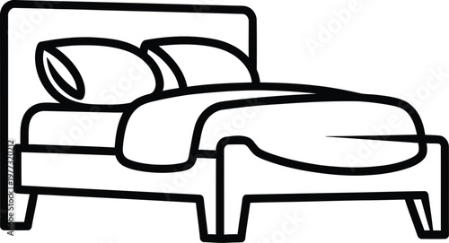 Simple black and white line drawing of an unmade bed with pillows