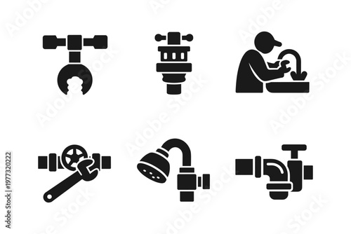Plumbing fixtures solid black icon set vector illustration
