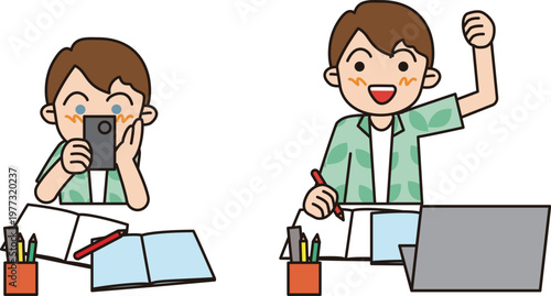 An illustration of a young boy studying at home, showing both apathy and motivation.