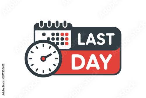 Last day icon in flat style, promo label with alarm clock, sale promotion sign, business concept illustration on isolated background.