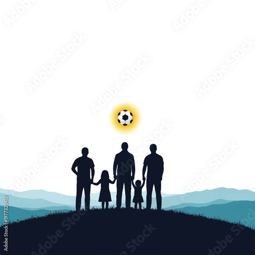 A minimalist silhouette of a family of fans standing on a hill, looking towards a distant horizon where a soccer ball rises like a sun. Large white sky area, clean horizon line, flat vector