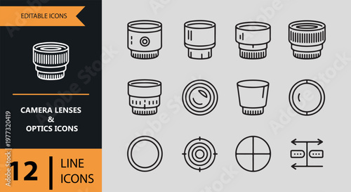 Camera lenses and optics icons set in line style for design