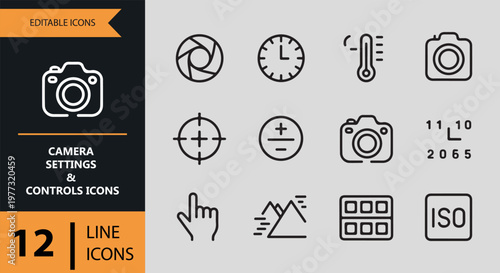 Camera settings and controls icons on a light green background with black and white graphics