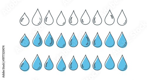 Minimalist vector graphic set featuring multiple blue water droplet shapes arranged in neat and tidy rows
