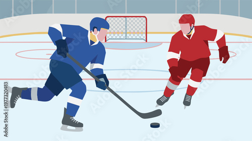 Two ice hockey players on a rink with puck and goal net illustration