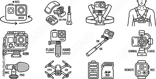 Action Photography Equipment and Adventure Camera Accessories Monoline Symbols for Technical UI Design and Extreme Sports Media Applications