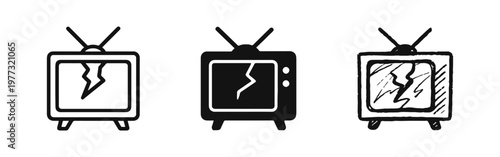 Broken television icon set. Outline, silhouette, and hand-drawn doodle styles. E-waste and old technology symbol.