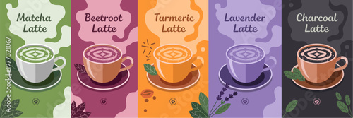 Superfood Latte Banner Set Flat Vector with Matcha Beetroot Turmeric Lavender and Charcoal Wellness Drinks