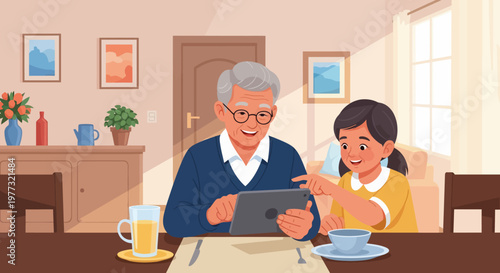 Elderly Man and Young Girl Using Tablet.