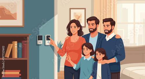 Family Adjusting Thermostat Together.