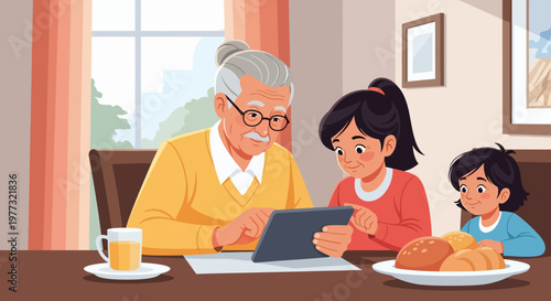 Grandmother and Grandchildren Using Digital Tablet Together.