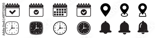 Location, time, calendar and notification bell icons set. 
