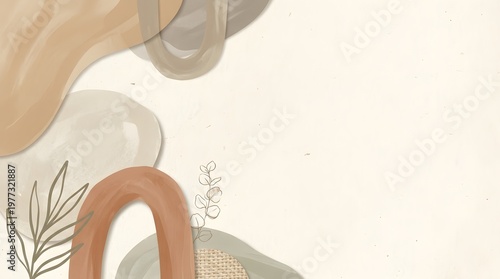Abstract boho background with organic shapes and neutral tones, soft shadows, minimal aesthetic, copy space