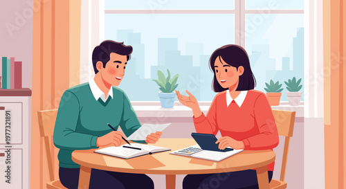 Man and woman discussing documents together.