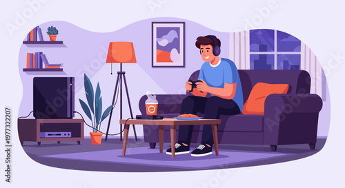 Man Relaxing on Sofa with Headphones.