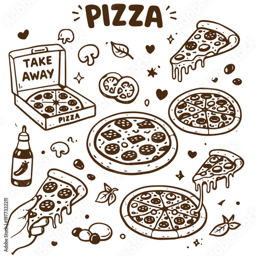 Pizza fast food doodle set slices takeaway box italian meal illustration

