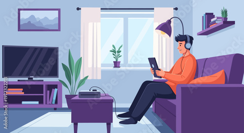 Man Relaxing on Sofa with Headphones.