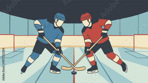 Two ice hockey players facing off on a rink with puck and sticks