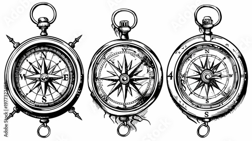 Three antique compasses in black and white sketch style, each with a unique design