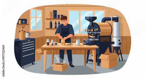 Man Working in Coffee Roasting Facility.