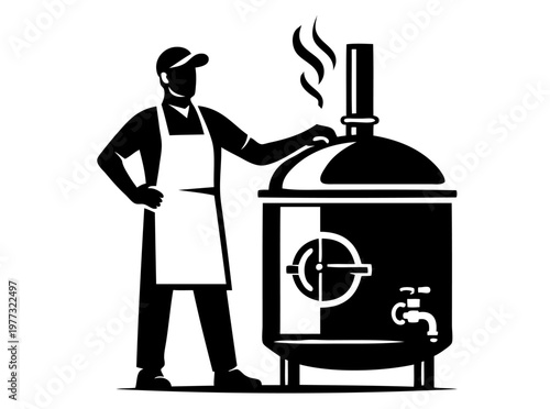brewer standing near large fermentation tank. Vintage craft production scene with equipment and apron figure. Vector black ink illustration in engraving style, artisanal brewing concept