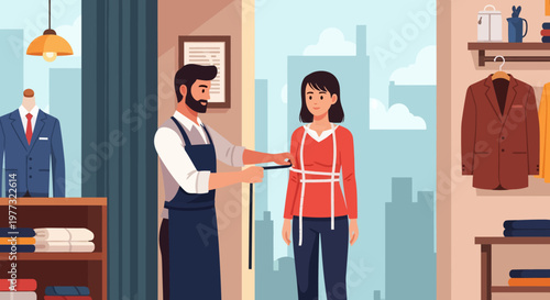 Tailor handing garment to female customer.