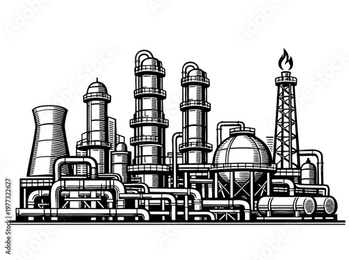 Large Industrial Refinery Complex Featuring Tall Distillation Columns and a Prominent Flare Stack With a Flame at a Busy Processing Site