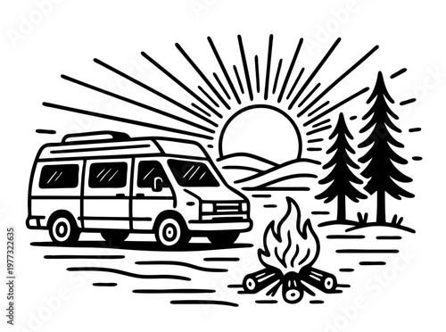 Vintage line art camper van parked by campfire at sunrise. Hand drawn outdoor travel scene with forest trees and radiant sun rays. Black ink vector illustration in engraving style, adventure road trip