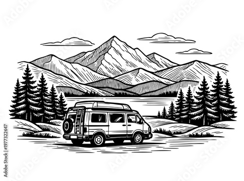 Engraved style mountain landscape with camper van by the lake. Detailed hand drawn wilderness scene with pine trees and high peaks. Vector black ink illustration, van life and freedom travel concept