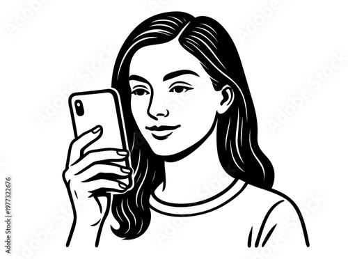 Clean outline illustration of young woman taking selfie on smartphone. Modern portrait in minimal line art style. Vector black ink drawing, social media, communication and lifestyle concept for apps