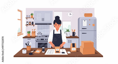 Woman Cooking in Modern Kitchen Illustration.