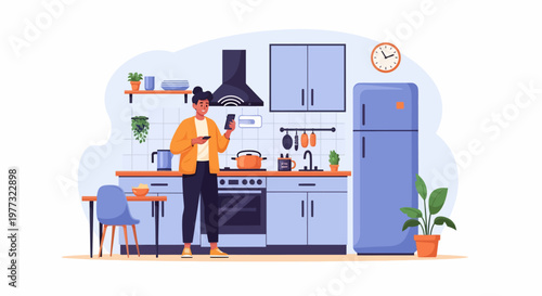 Woman Cooking in Modern Kitchen Interior.