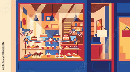 Patriotic Bakery Window Display with Fourth of July Decorations