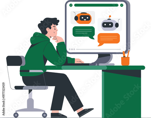 IT Support Specialist at Office Desk, Viewing Computer Screen with AI Chatbot and Robot Icons, Virtual Assistant, Customer Service, and Technology Concept.