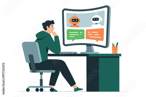 IT Support Specialist at Office Desk, Viewing Computer Screen with AI Chatbot and Robot Icons, Virtual Assistant, Customer Service, and Technology Concept.