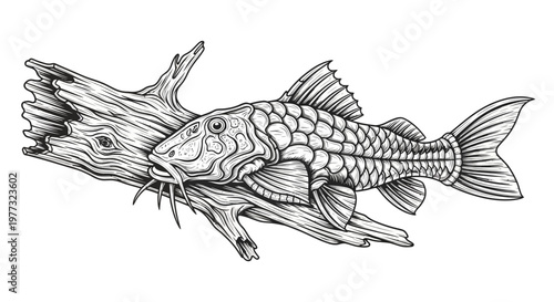 Plecostomus Catfish on Driftwood, Detailed Illustration, Line Art, Aquatic Life